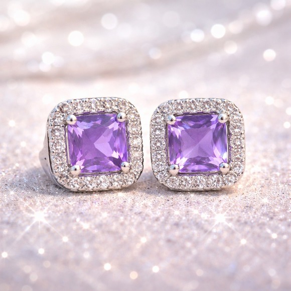 Jewelry - Moissanite Lavender Halo Stud Earrings 925 Sterling Silver Cushion Cut